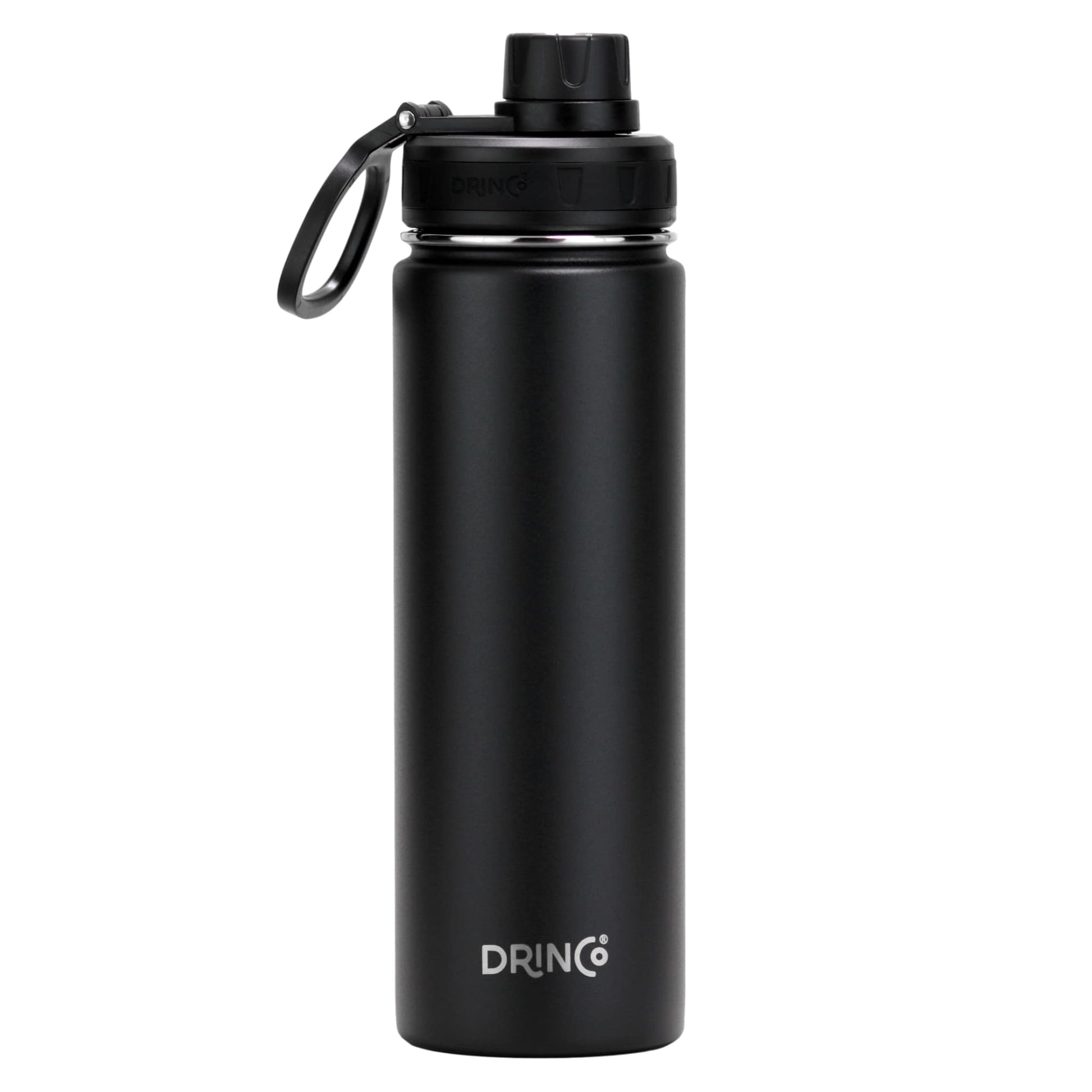 Black water bottle with DRINCO logo on a white background