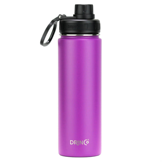 Purple water bottle with black lid on a white background
