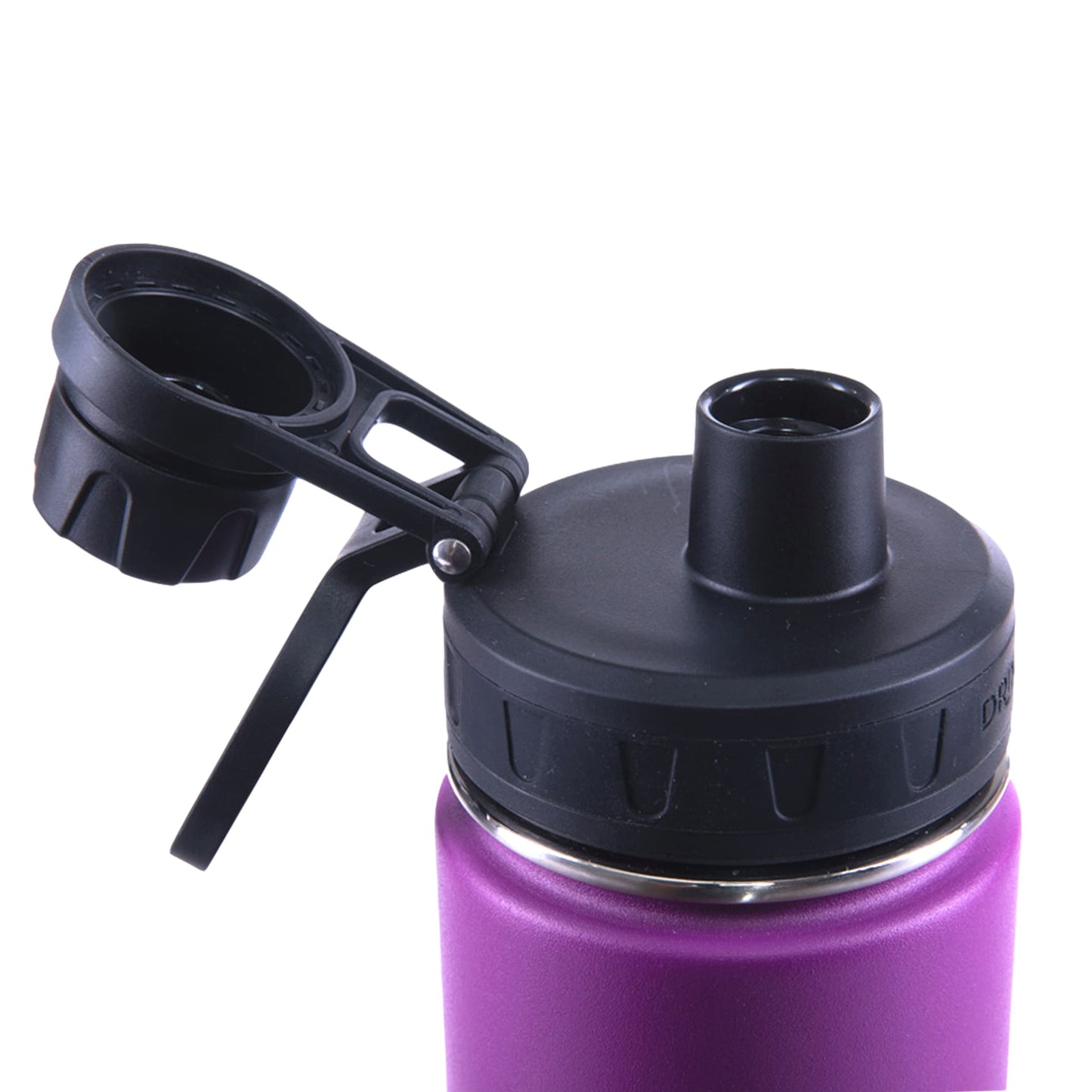Purple water bottle with black lid and straw on a white background