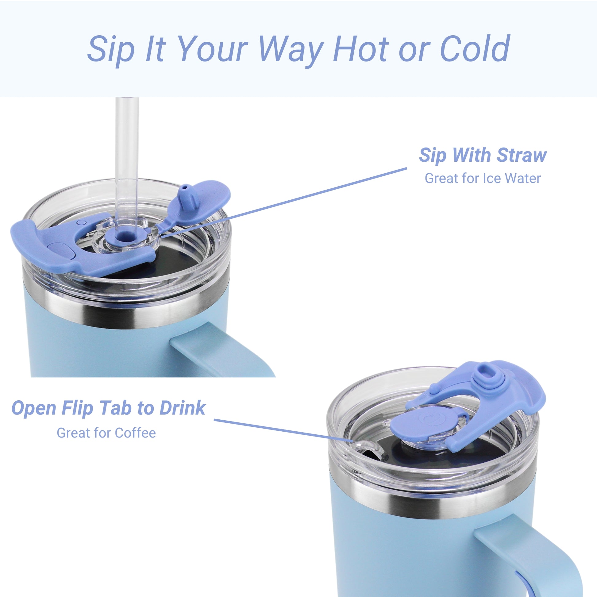 Blue insulated tumbler with straw and flip lid on a white background