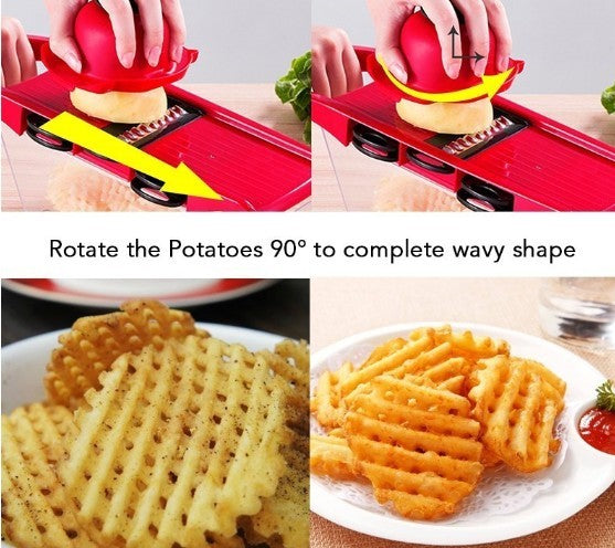 Red potato waffle cutter with step-by-step instructions on making wavy-shaped potatoes.