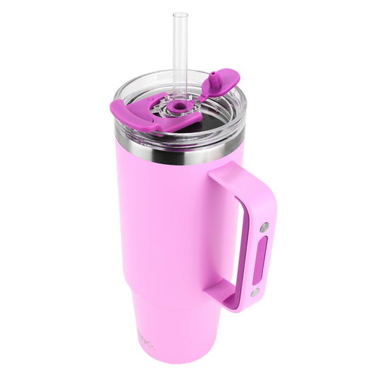 Pink insulated tumbler with handle and straw lid on a white background