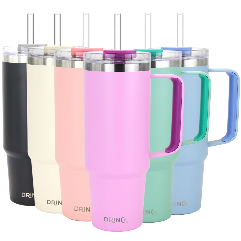 Set of insulated tumblers with handles and straws in various colors on a white background.