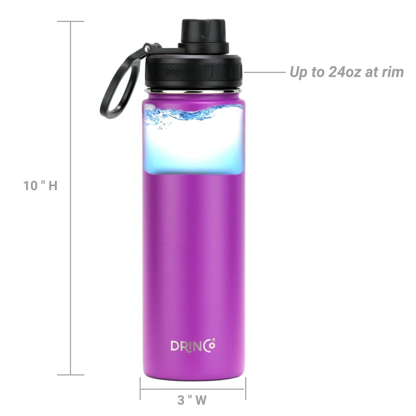 Purple water bottle with black lid and measurements on a white background
