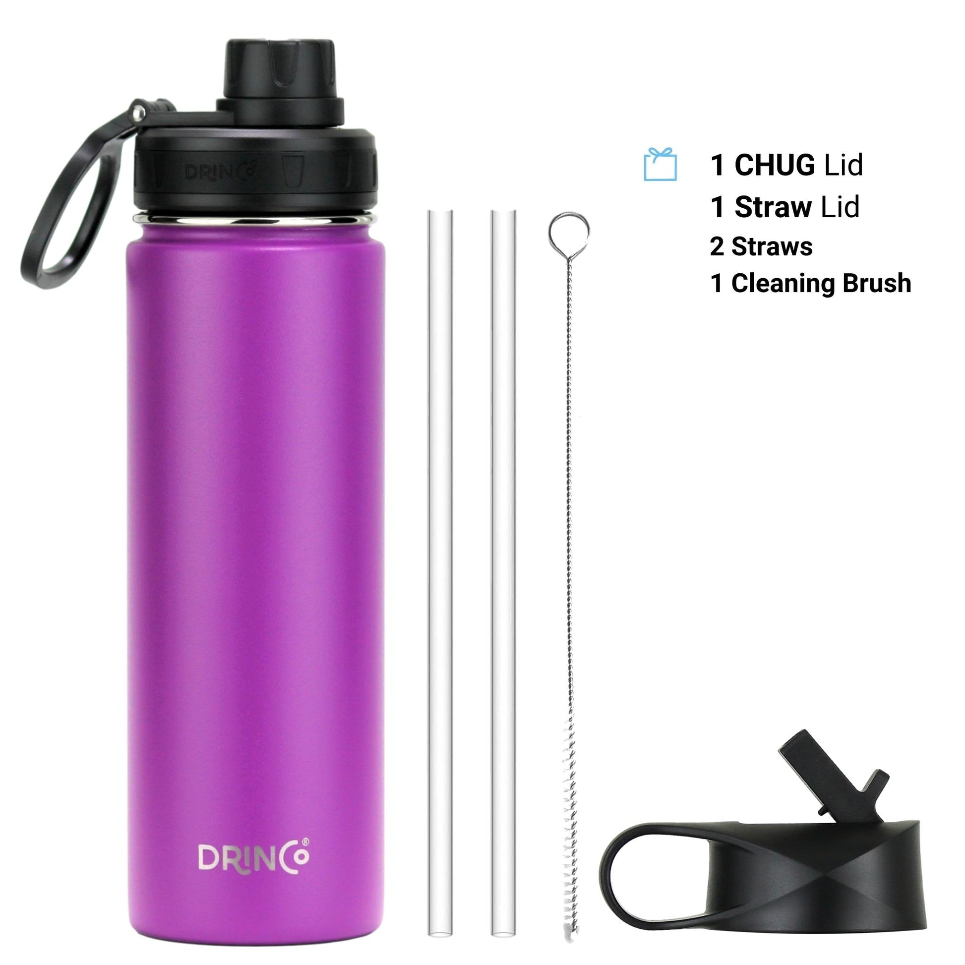 Purple water bottle with black lid, straws, and cleaning brush on a white background