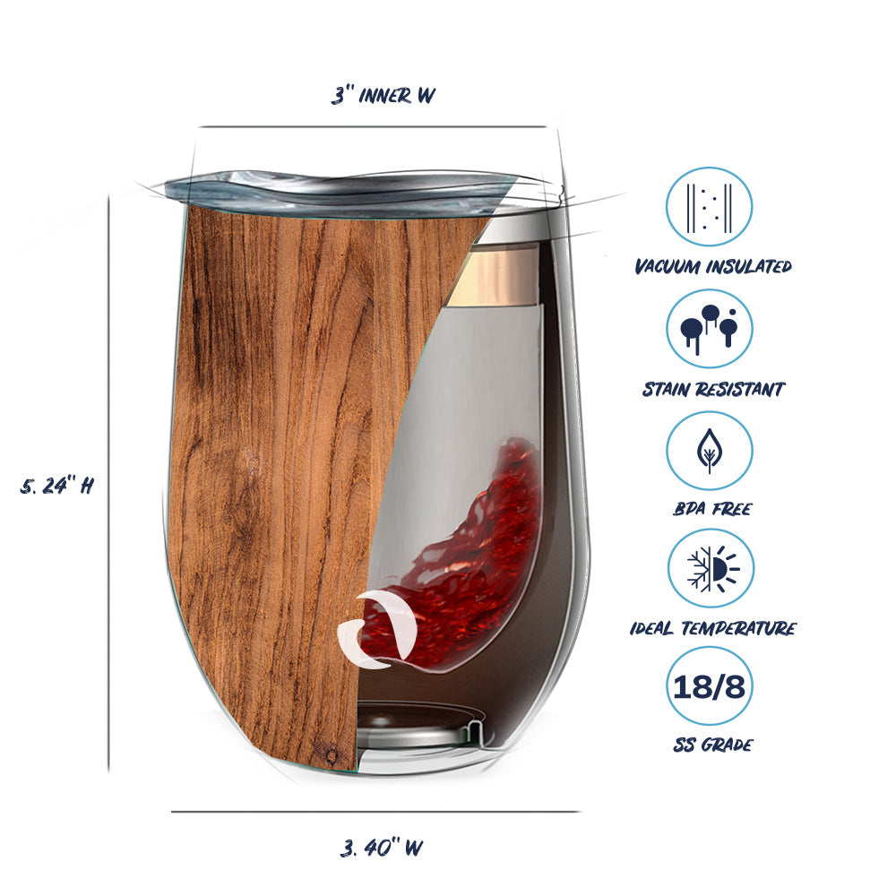 Wooden tumbler with vacuum insulation features and measurements on a white background