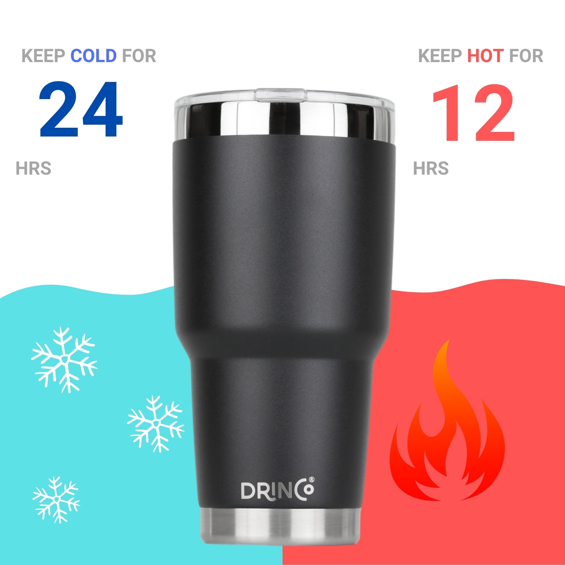 Black insulated tumbler with DRINK branding on a colorful background with temperature graphics.