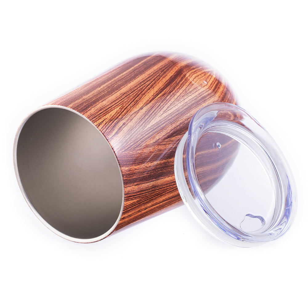 Wooden-patterned tumbler with a clear lid on a white background