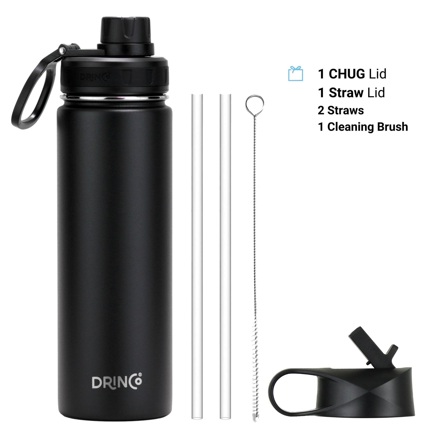 Black water bottle with accessories on a white background
