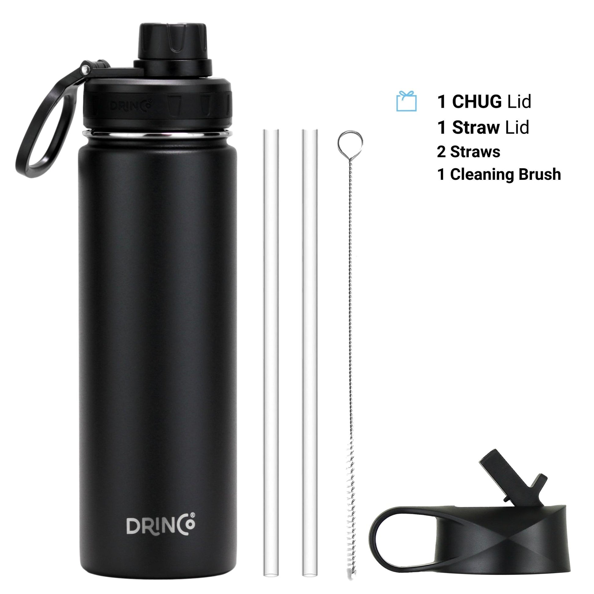 Black water bottle with accessories on a white background