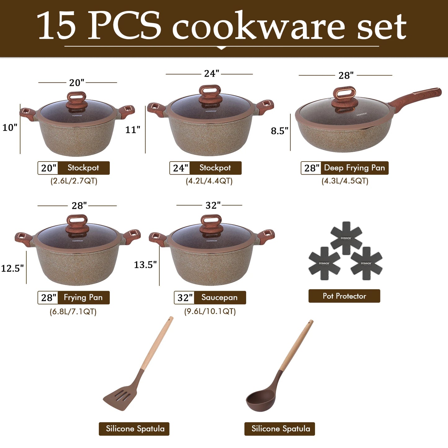 15-piece cookware set with dimensions and measurements on a white background