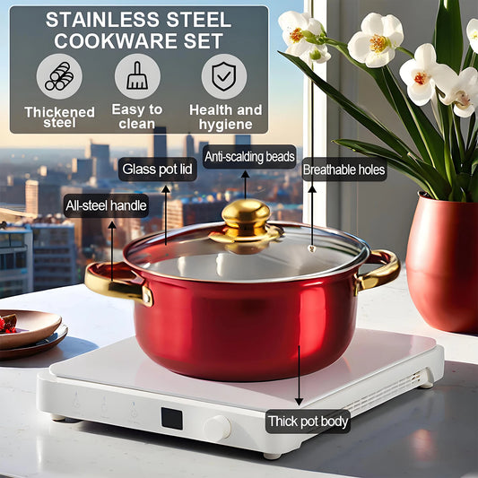 Red cookware set with features highlighted on a table with a cityscape background