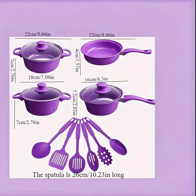 Purple cookware set with measurements on a purple background