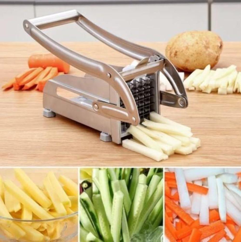 Vegetable slicer cutting vegetables on a wooden board with additional images of sliced vegetables.