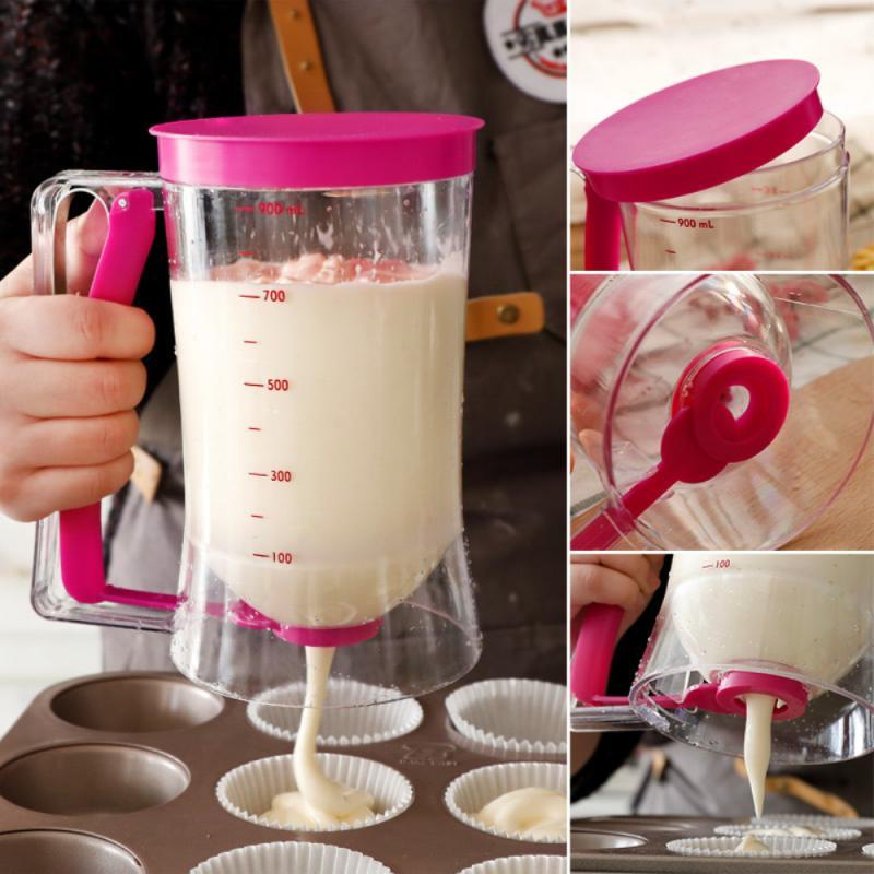 Collage of a measuring cup with pink lid being used to fill cupcake liners.