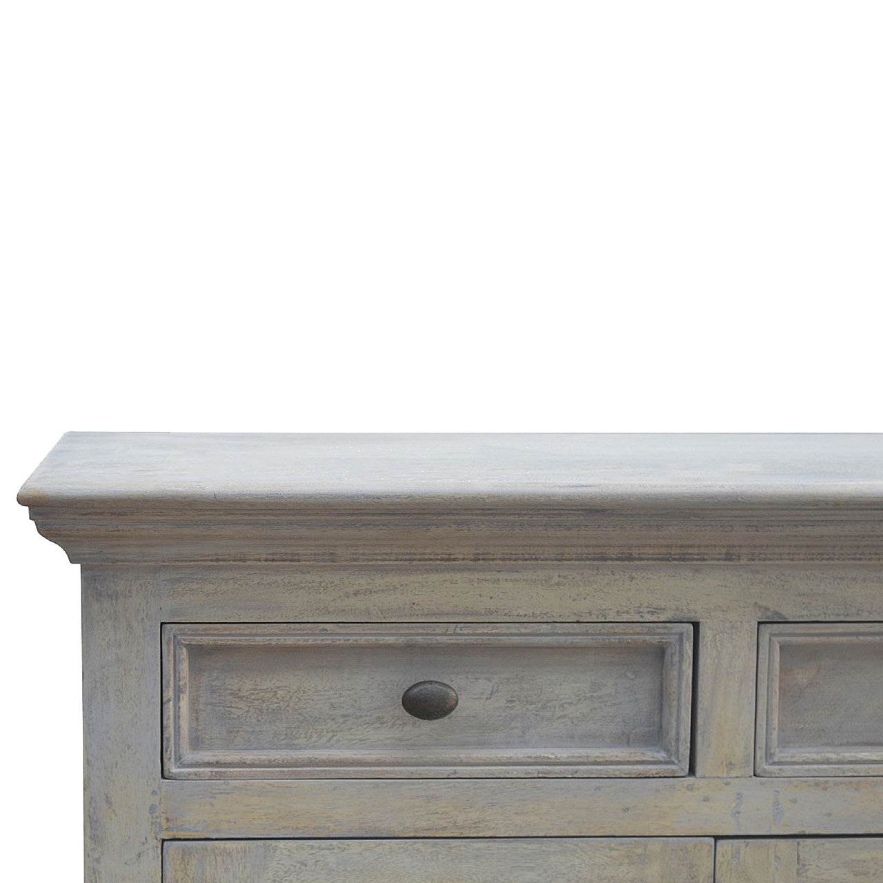 Stone Acid Wash Glazed Sideboard made from solid mango wood with four drawers and four glazed doors. Detailed view of the knob and drawer