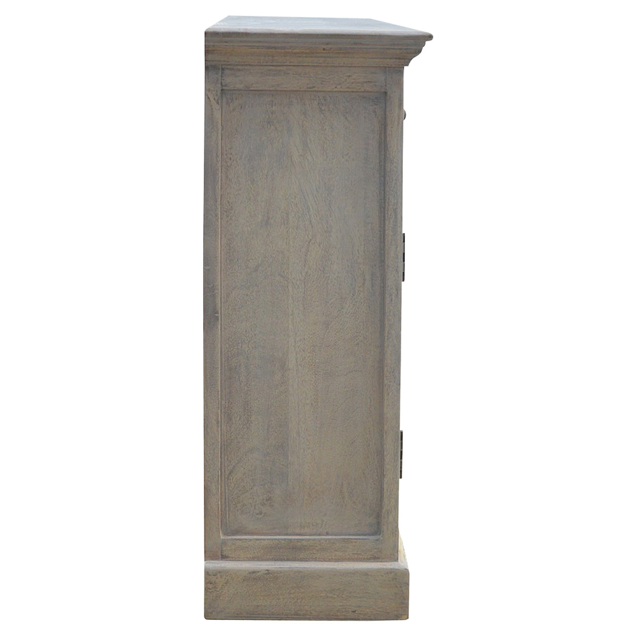 Stone Acid Wash Glazed Sideboard made from solid mango wood with four drawers and four glazed doors. Side view