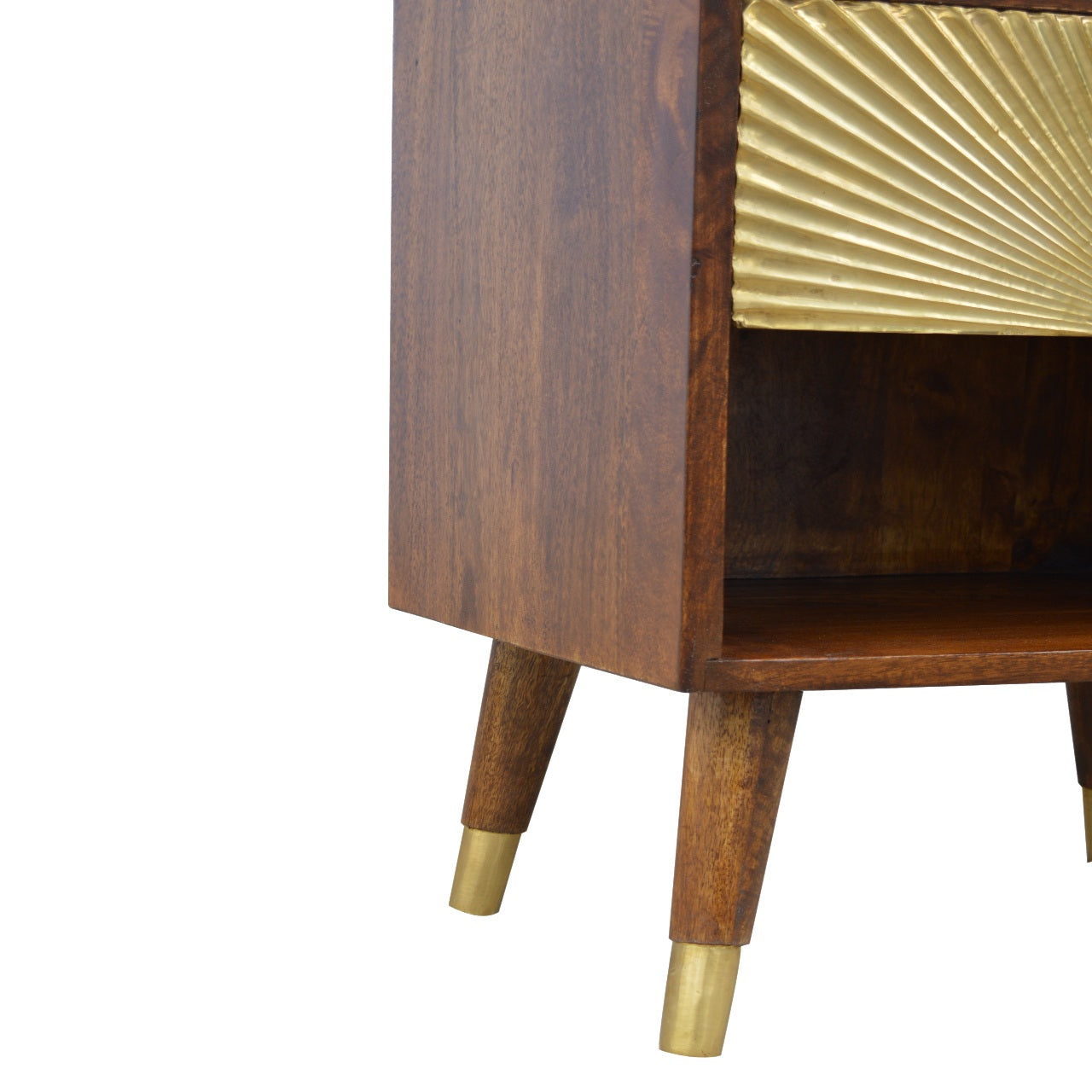 Manila Gold Chestnut Nightstand with brass plated drawer, open slot, and Nordic style legs. Leg view