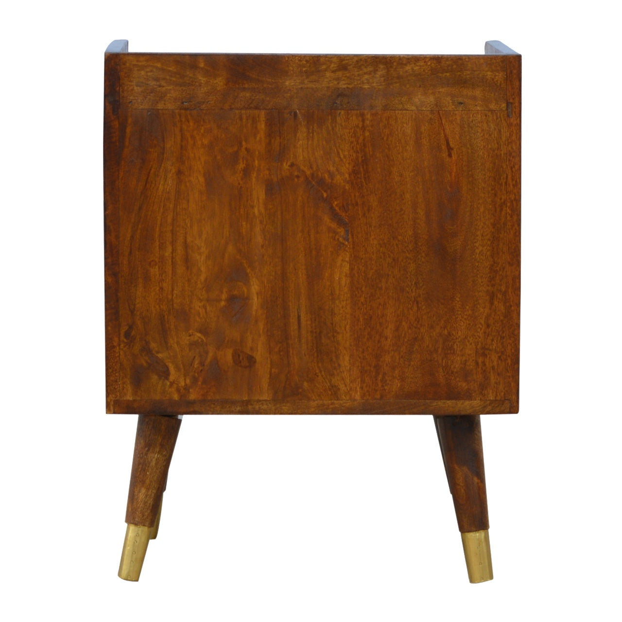 Manila Gold Chestnut Nightstand with brass plated drawer, open slot, and Nordic style legs. Back view