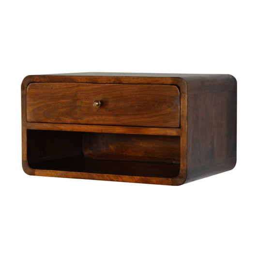 Floating chestnut nightstand with curved edges, wall-mounted modern design
