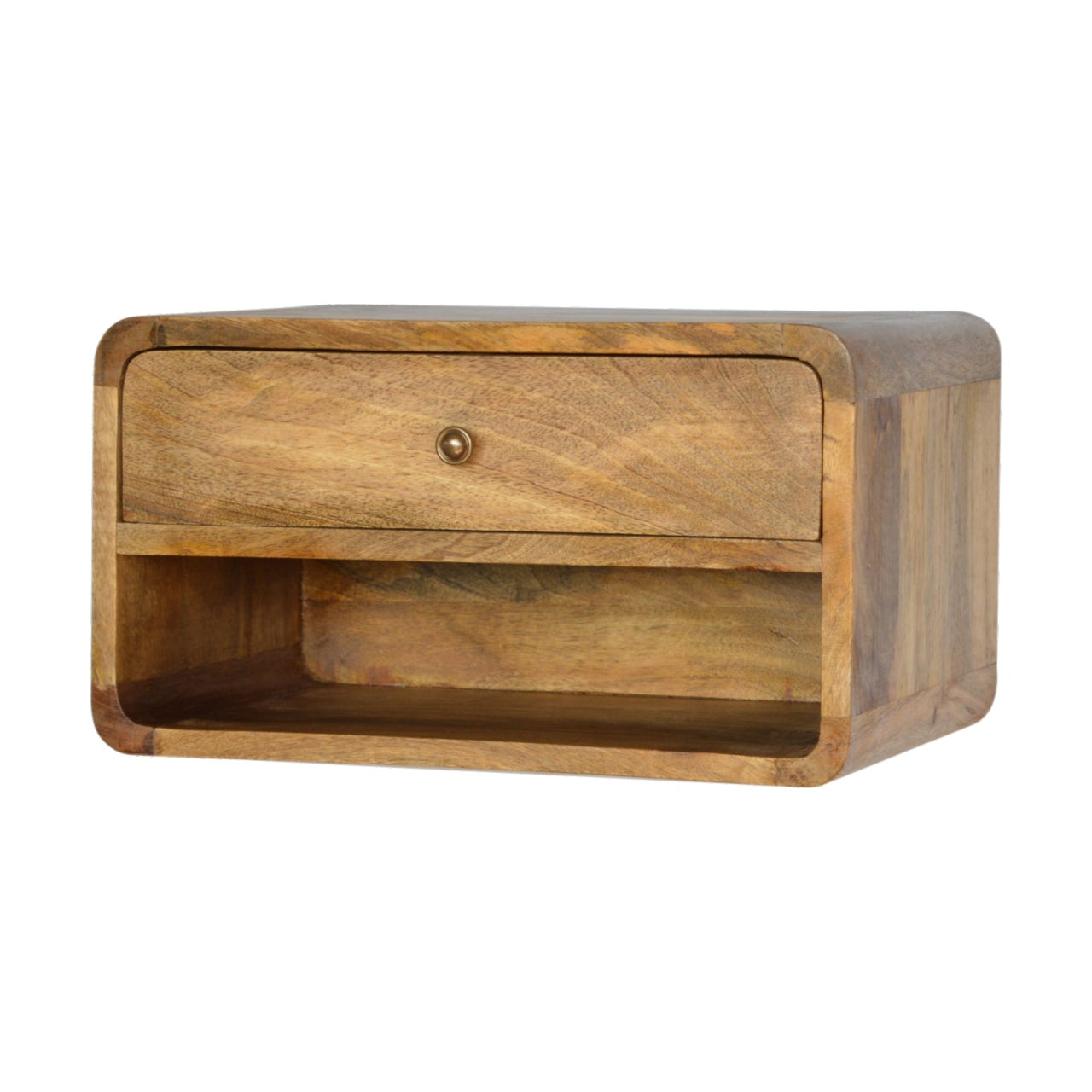 Floating Curve Open Slot Nightstand with one drawer and open shelf, made from solid mango wood. Left corner view