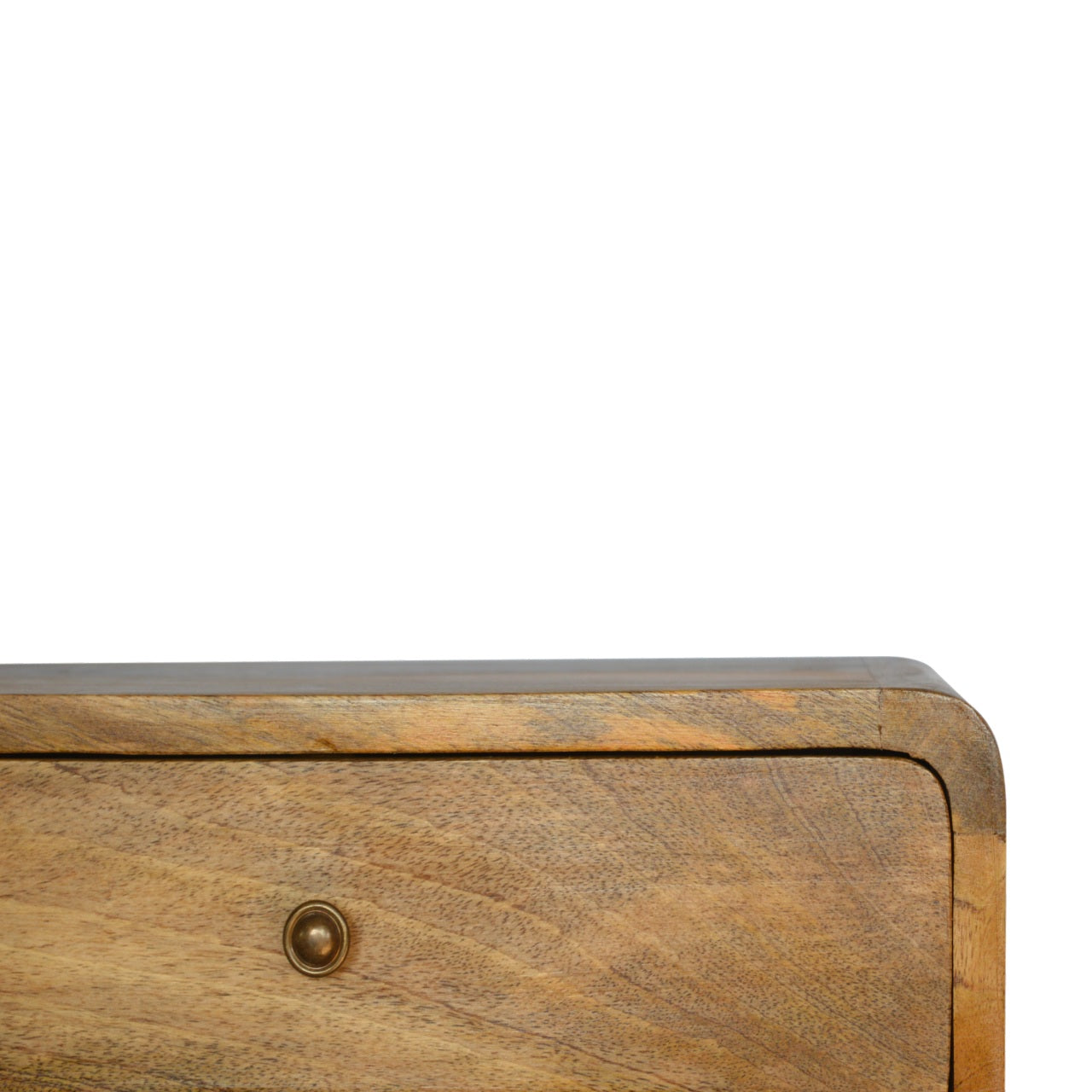 Floating Curve Open Slot Nightstand with one drawer and open shelf, made from solid mango wood. Knob view