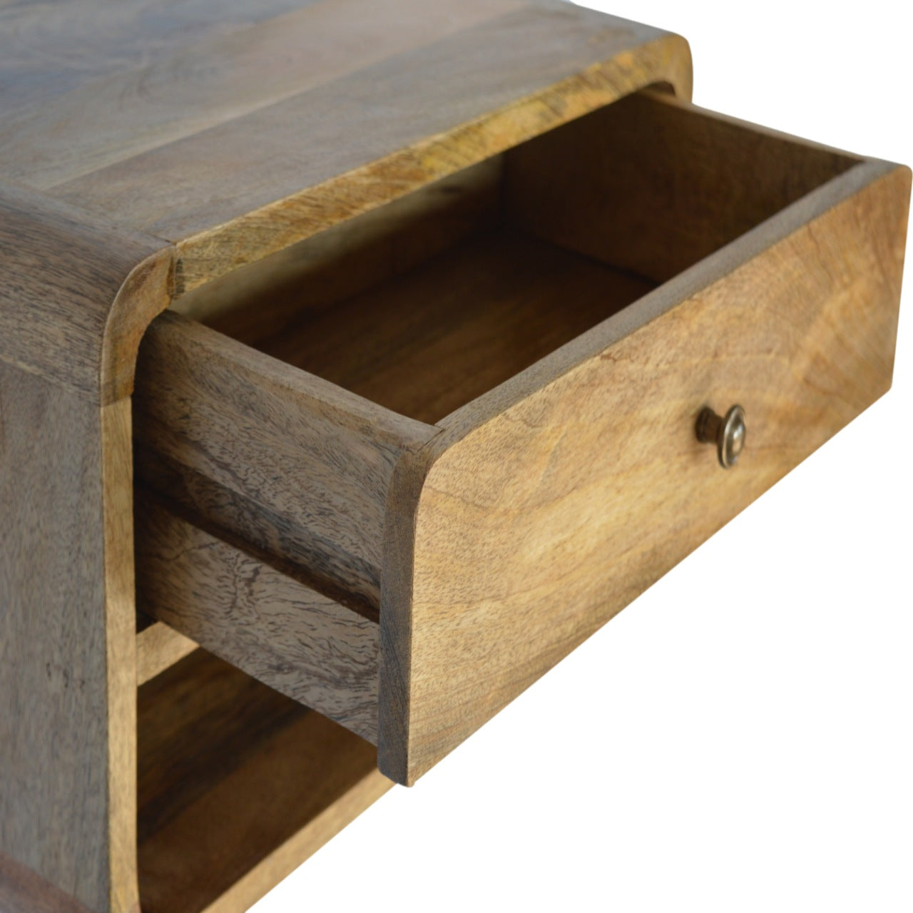 Floating Curve Open Slot Nightstand with one drawer and open shelf, made from solid mango wood. Open drawer view