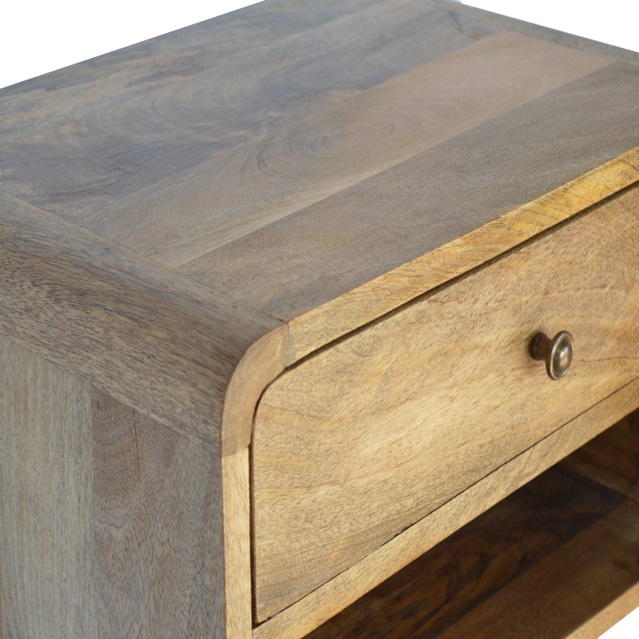 Floating Curve Open Slot Nightstand with one drawer and open shelf, made from solid mango wood. Top view