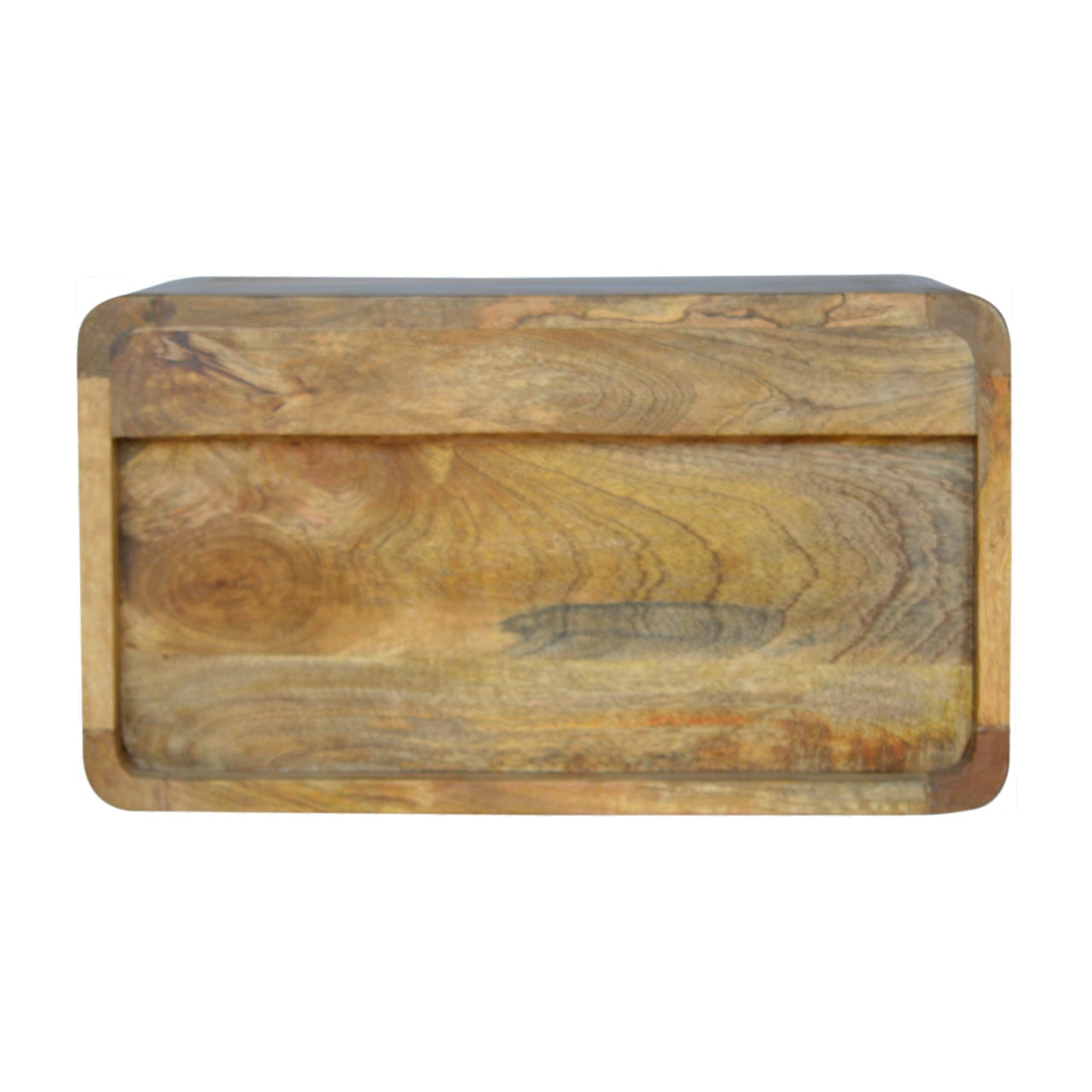 Floating Curve Open Slot Nightstand with one drawer and open shelf, made from solid mango wood. Bottom view