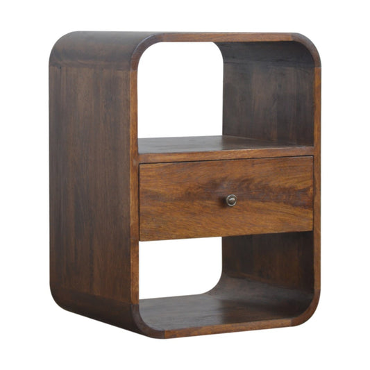 Chestnut Curved Edge Nightstand made from solid mango wood with drawer and two open storage slots.