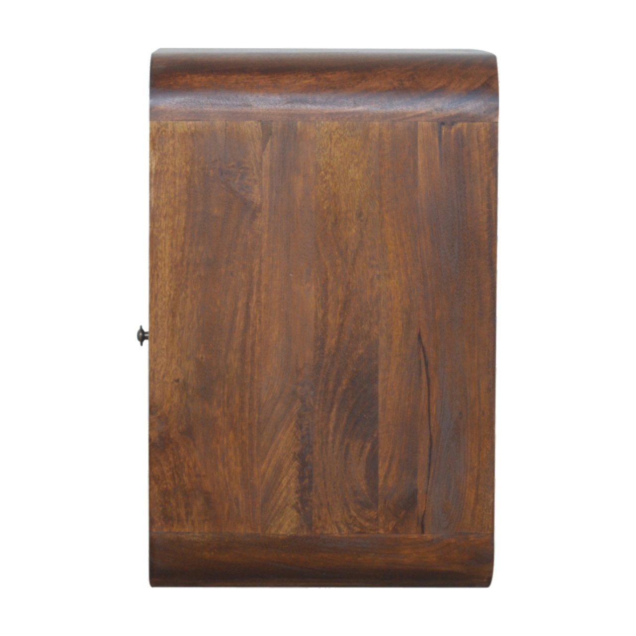 Chestnut Curved Edge Nightstand made from solid mango wood with drawer and two open storage slots. Side view