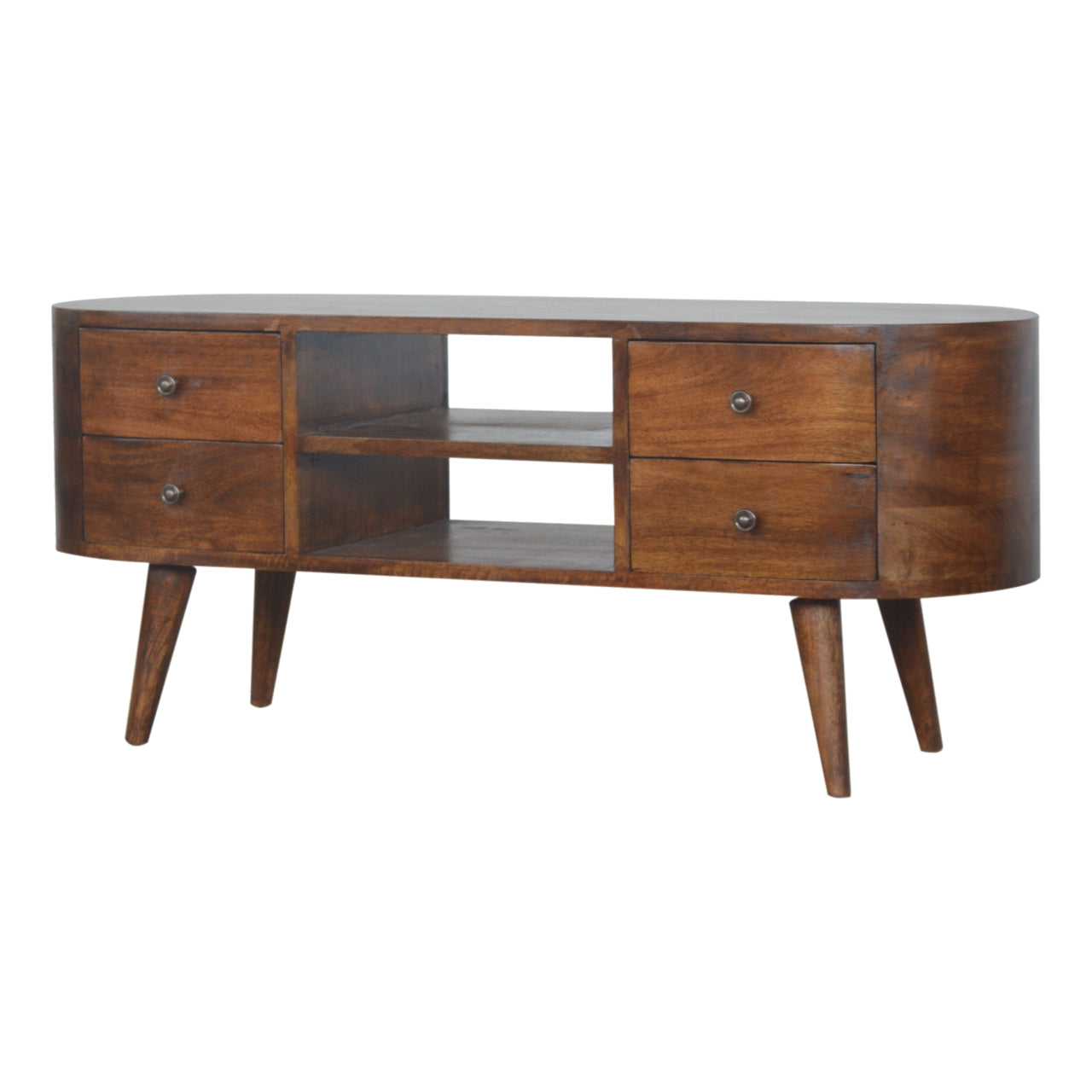 Chestnut Rounded Entertainment Unit made from solid mango wood with 4 drawers and Nordic-style legs