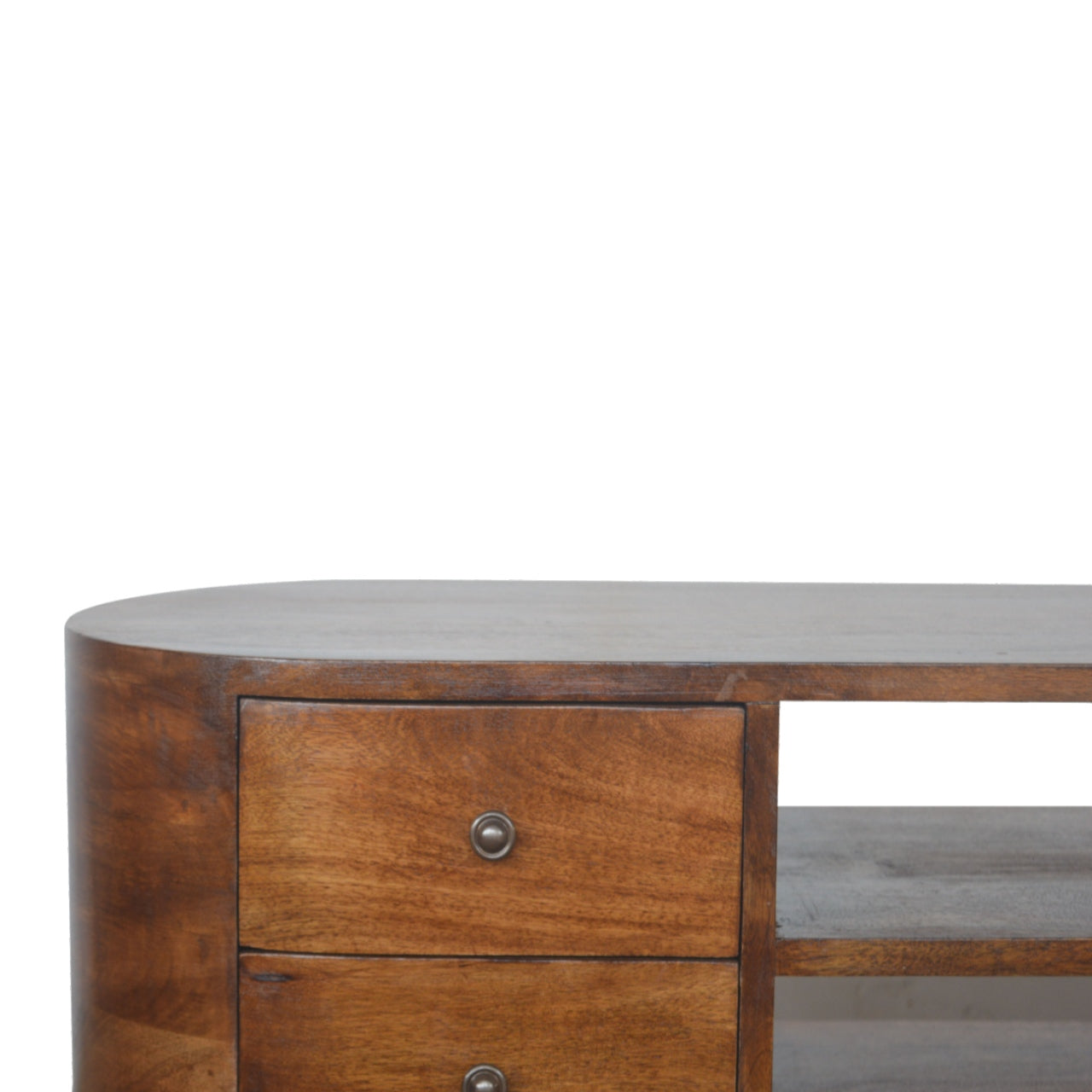Chestnut Rounded Entertainment Unit made from solid mango wood with 4 drawers and Nordic-style legs. Knob view