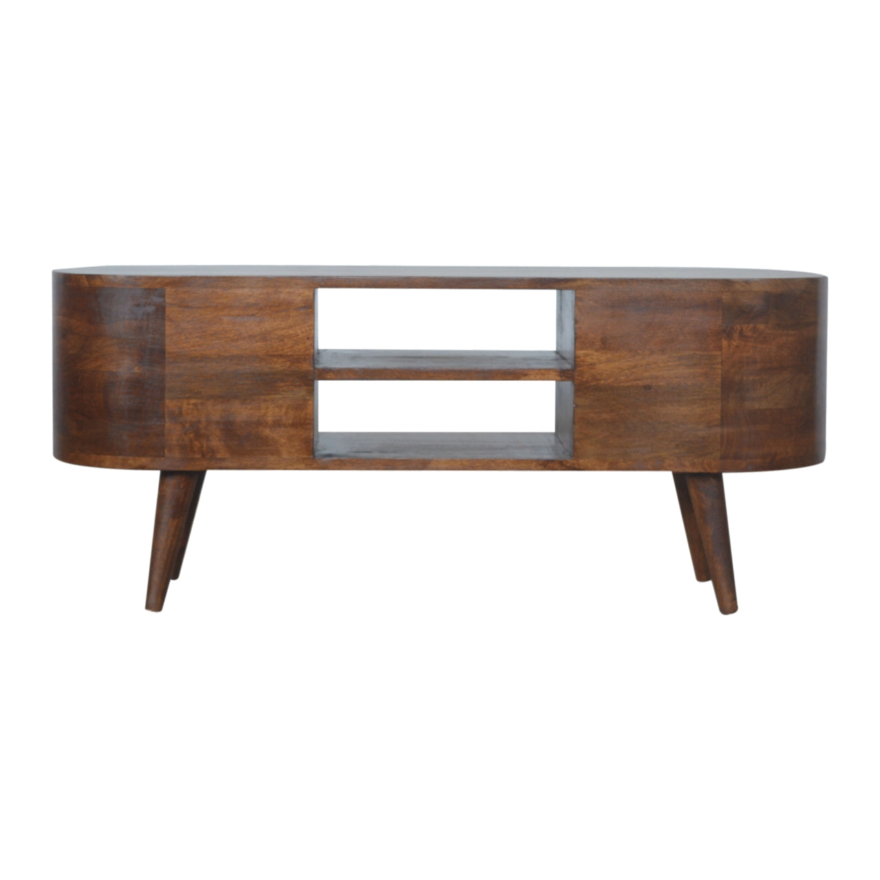 Chestnut Rounded Entertainment Unit made from solid mango wood with 4 drawers and Nordic-style legs. Back view
