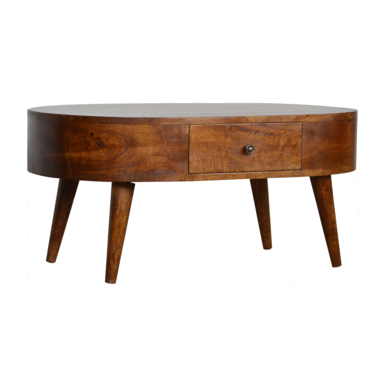 Chestnut Rounded Coffee Table made from solid mango wood with one drawer and Nordic-style legs