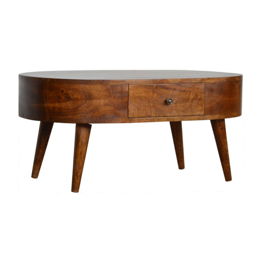 Chestnut Rounded Coffee Table made from solid mango wood with one drawer and Nordic-style legs