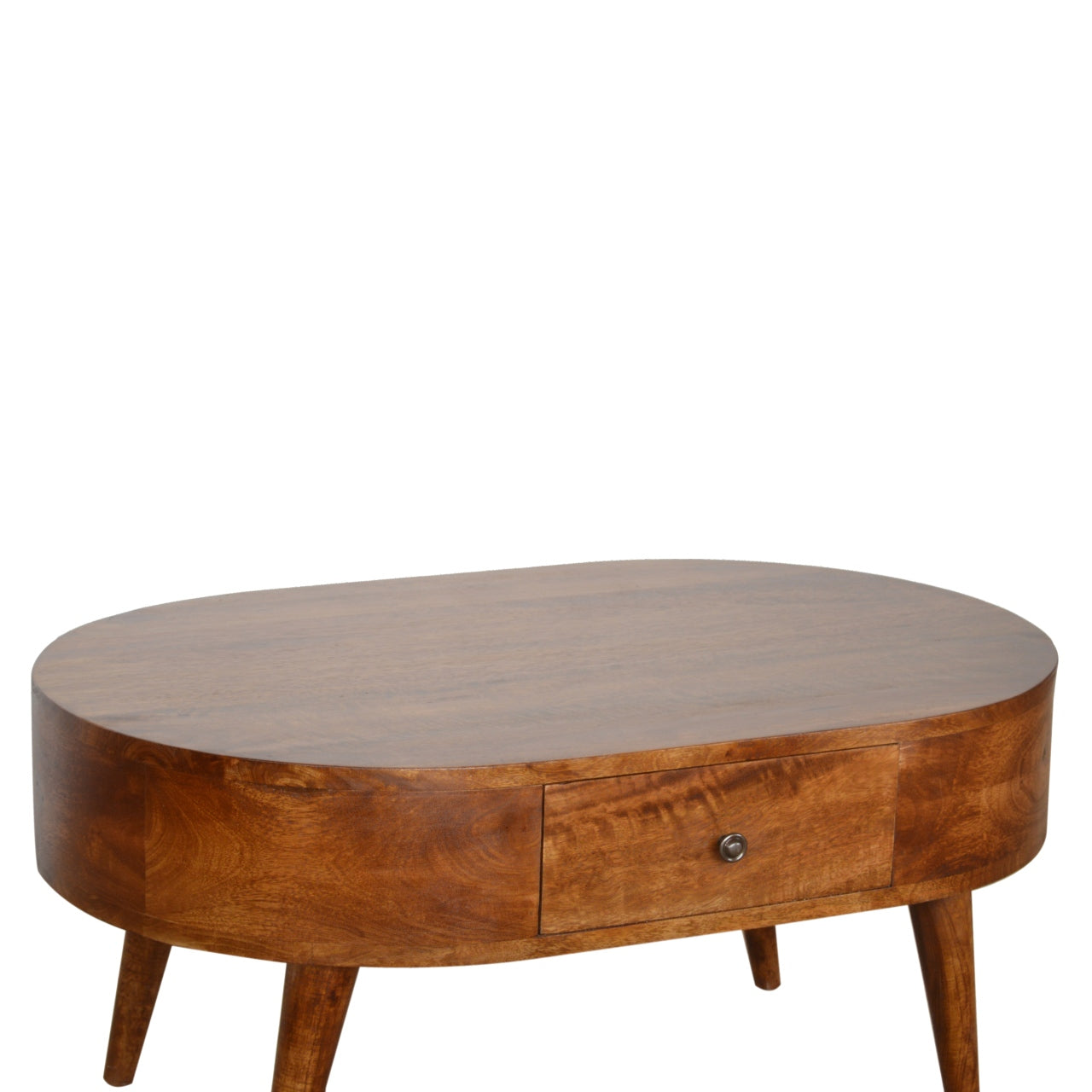 Chestnut Rounded Coffee Table made from solid mango wood with one drawer and Nordic-style legs. detailed view